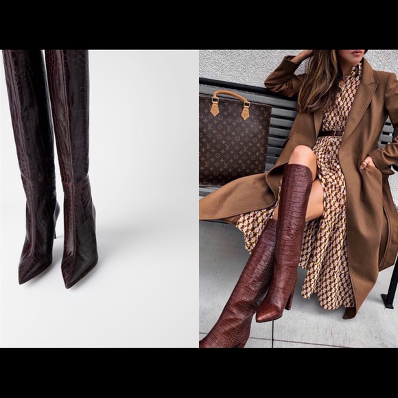 Zara Shoes - Zara animal print heeled leather boots, burgundy